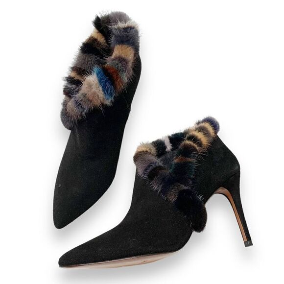 Donald J Pliner Renata  Black Suede Multicolor Fur-Trimmed Bootie Women’s Size 9 - Picture 3 of 13